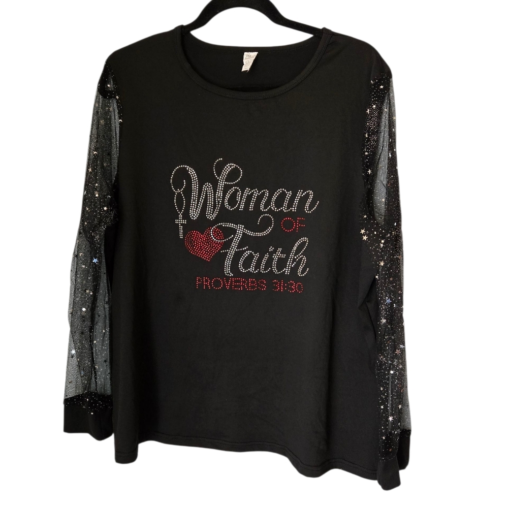 Christian Black Sequin Sleeve 'Woman of Faith' Top Size 2X